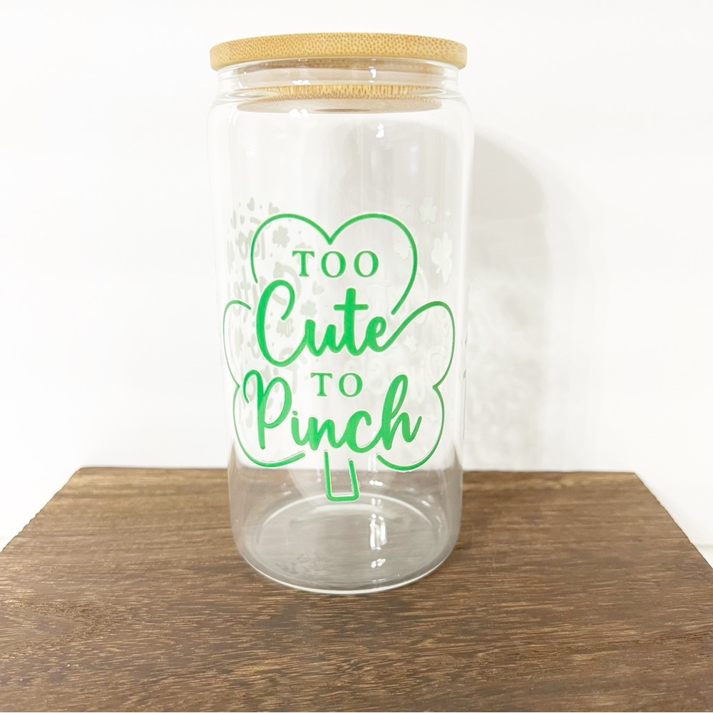 “Too Cute To Pinch” Libbey Glass Can with Bamboo Lid and Straw